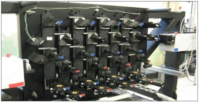 Solar cell scribing station; two lasers/eight laser beams