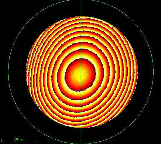 Curvature of substrate due to coating stress. The figure on the left shows the measured phase obtained using an interferometer while on the right is the measured optical path difference as compared to a reference flat.