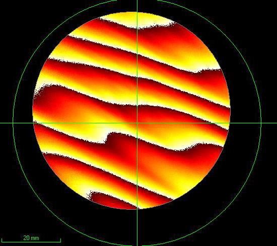 TWE, or change in optical path length in transmission. The figure on the left shows the measured phase using an interferometer while the right shows the variation in optical path length through the part.