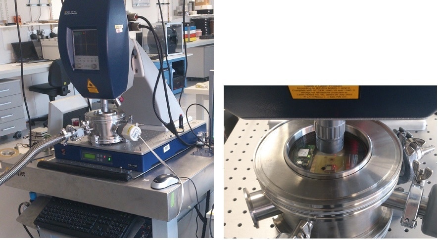Left: Polytec MSA-400 at Tyndall, fitted with a custom vacuum chamber, active isolation table, and a high-voltage amplifier. Right: closer view of the vacuum chamber. A micromachined energy harvesting module is under test; a nearby ADXL345 inertial sensor is utilized to correlate excitation levels with transducer output.