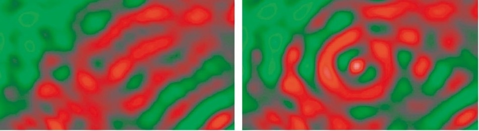 Out-of-plane velocity field after (below) and prior to (above) the impact.