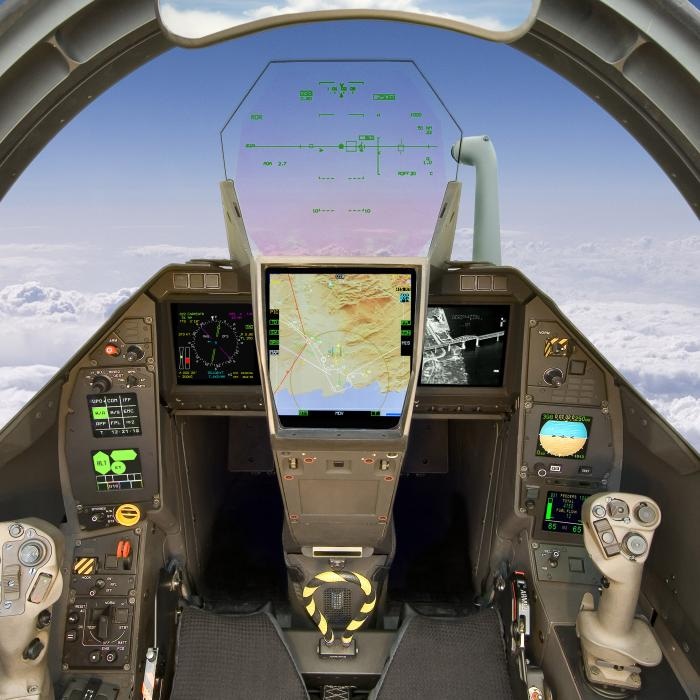Cockpit of a military aircraft with Thales head-up display shown mounted above the control panel. Image Source: Thales Group