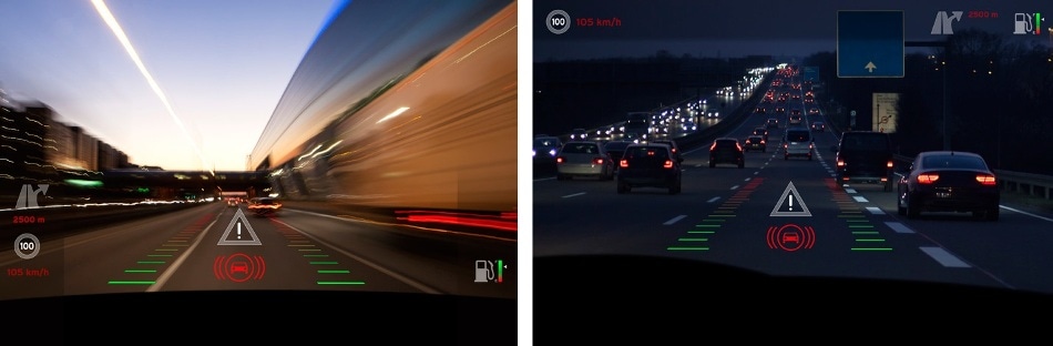 HUDs superimpose digital images on top of real-world environments, like AR. For this reason, a critical safety concern is visibility of projected images against all backgrounds. Images must be bright enough to remain discernible both day and night, and in all weather conditions.