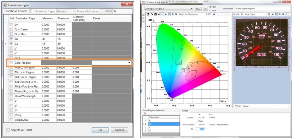 By selecting “Color Region” in the Auto-POI software tool, the user can draw shapes within the CIE color chart to define Cx, Cy tolerances for colored objects that should be included in the measurement POI set.
