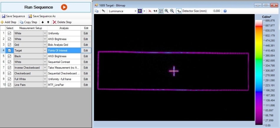 The test sequencing software above is programmed with ten steps, from uniformity to MTF line pair analysis, to perform multiple measurements of the HUD projection at once.