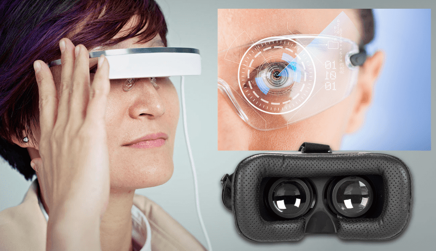 Examples of head-mounted NED designs including immersive headsets and transparent augmented reality glasses.
