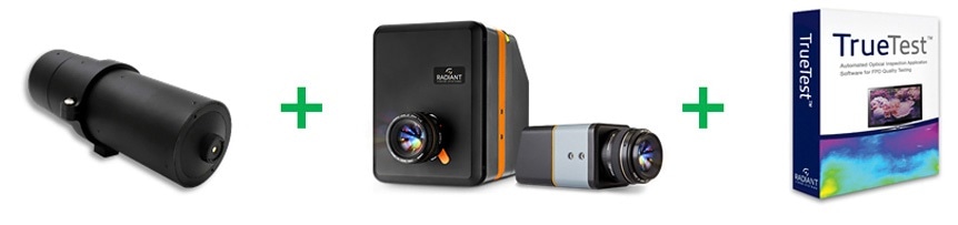 The Radiant AR/VR Display Test Solution includes (left to right): AR/VR Lens, ProMetric® Imaging Colorimeter or Photometer (16, 29, or 43MP options), and TrueTest™ Software with optional TT-ARVR™ module.