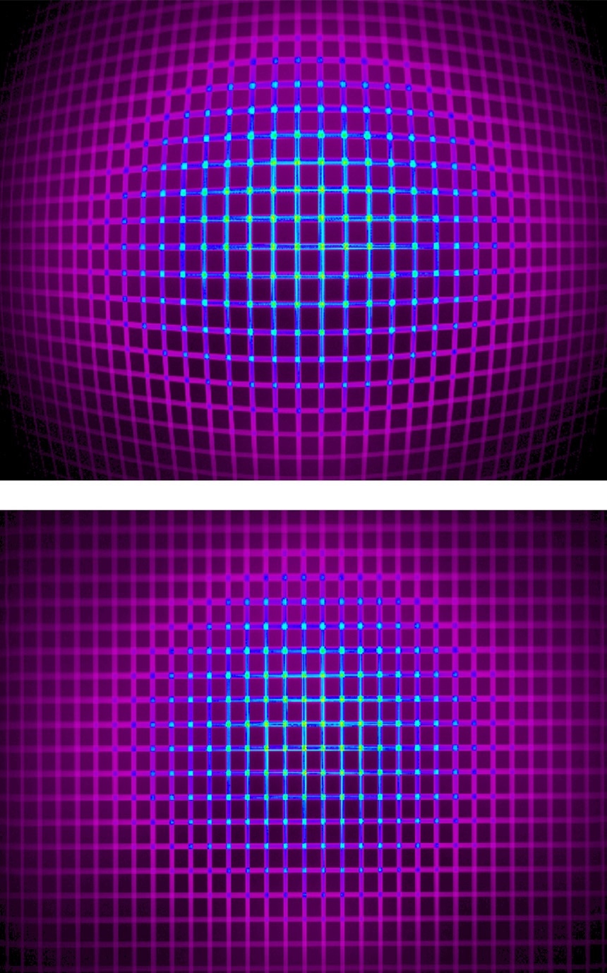 Top, an image captured by an uncalibrated wide-FOV system; bottom, image captured by a system with distortion calibration applied.