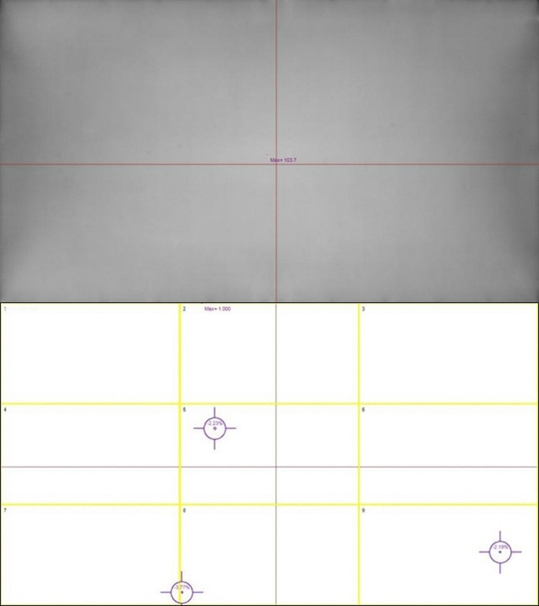 The top image shows the raw image captured by a high-resolution photometric imager. On the bottom, an analysis has been applied to detect tiny pixel-level defects. Close-up viewing in the AR/VR headset may make such defects apparent to the human eye.