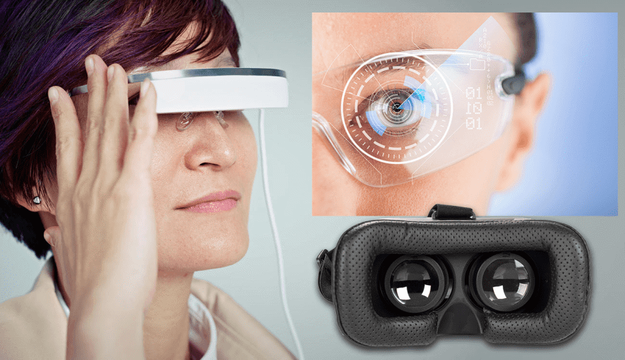 Examples of head-mounted NED designs including immersive headsets and transparent augmented reality glasses.