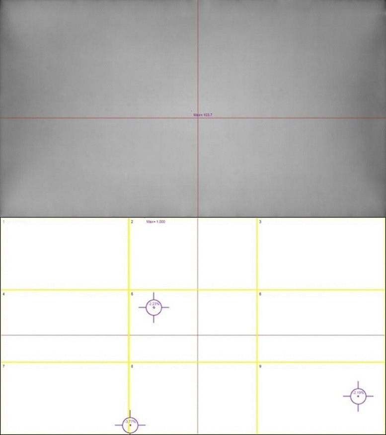The top image shows the raw image captured by a high-resolution photometric imager. On the bottom, an analysis has been applied to detect tiny pixel-level defects. Close-up viewing in the AR/VR headset may make such defects apparent to the human eye.