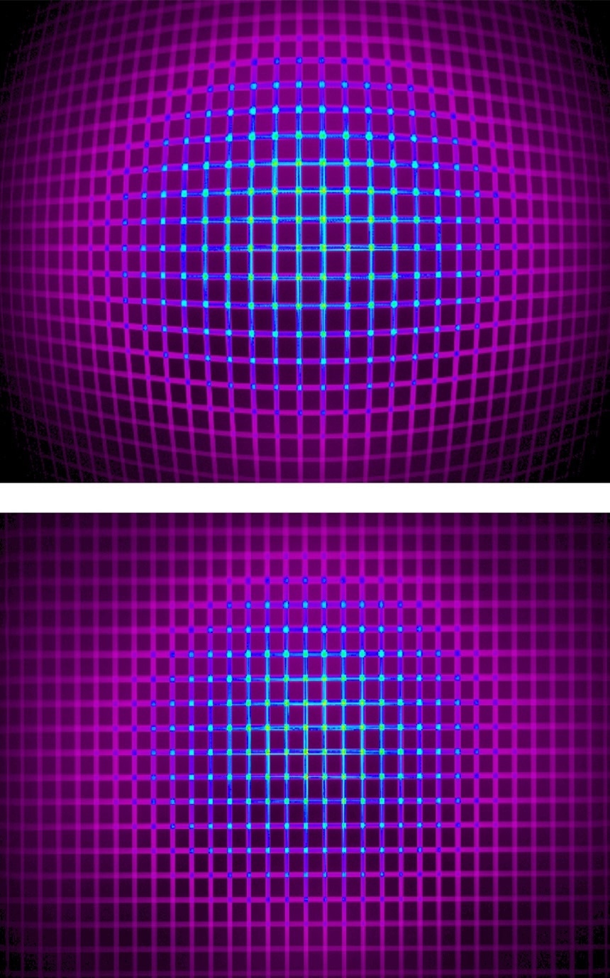 Top, an image captured by an uncalibrated wide-FOV system; bottom, image captured by a system with distortion calibration applied.