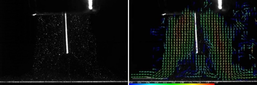 Examples of particle image (left) and the calculated vector field at torch B without arc (right).