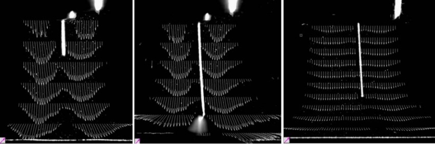 Mean flow profiles of the free jet with a flow rate of 20 slm (ref. vector = 1 x 1 m/s): torch A without an arc (left) and with an arc (middle), and torch B without arc (right).