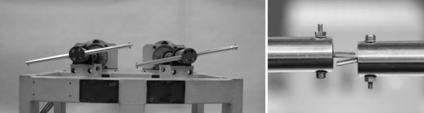Left: Test rig without housing. Right: Rotors with specimens in collision position.