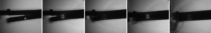 Image series taken from the side of the process with 0.74 mm steel plates at 2 Mio fps. The process creates also shockwaves which can be seen in the images.