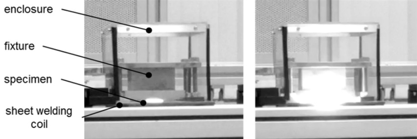 Electromagnetic pulse welding of two aluminum sheets with (left) and without (right) inert gas atmosphere.