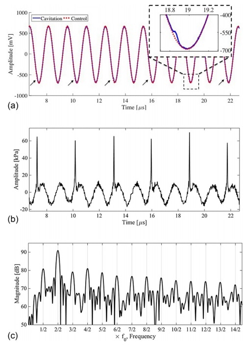 (a) Raw NH data recorded during the cavitation activity of Figure 2 (blue solid) and control exposure for an equivalent HIFU burst (red dot), without cavitation nucleation. The inset zoom around 19.0 µs, reveals a detected shock wave in the raw data, also arrowed for the rest of the trace. (b) Control subtracted and NH-deconvolved data, revealing the signal emitted by the cavitation captured in the high-speed imaging of Figure 2. (c) The cavitation spectrum obtained via Fourier transformation of (b).