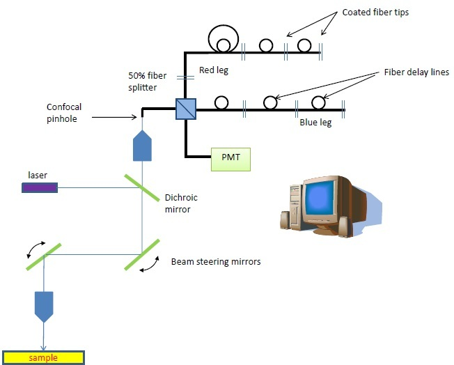 The fiber-based multispectral confocal microscope was developed with an SBIR grant from the NIH/NCI. The unique detection scheme is composed of 2 serial arrays of coated fiber tips that reflect wavelength bins to the detector at sequential timepoints, building a spectrum of each pixel within 2.5 Ps.