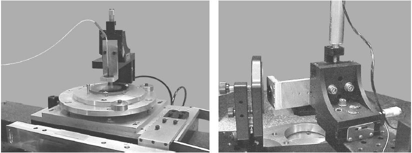 Experimental setup for testing nearly plano aspheres on linear air bearing is shown on the left and for spherical aspheres mounted on rotary air bearing is shown on the right.