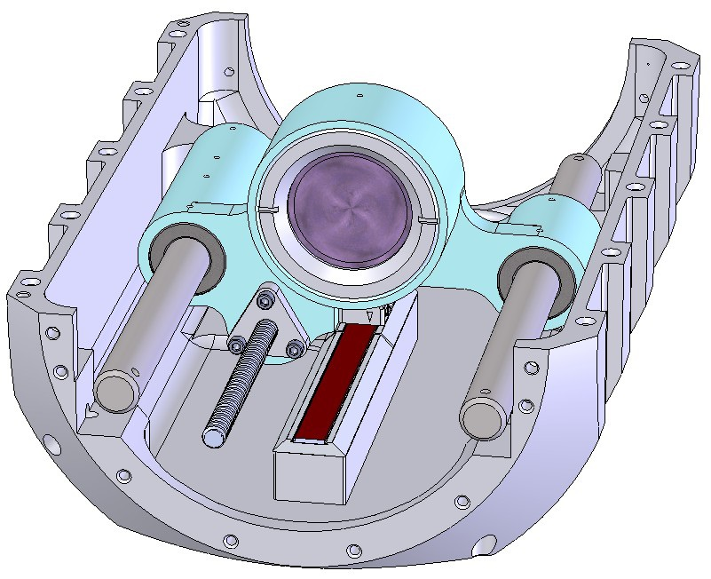 Rail guides and lead screw drive, which is similar for both moving lens groups.