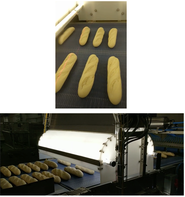 Par-baked baguettes passing through the vision inspection system