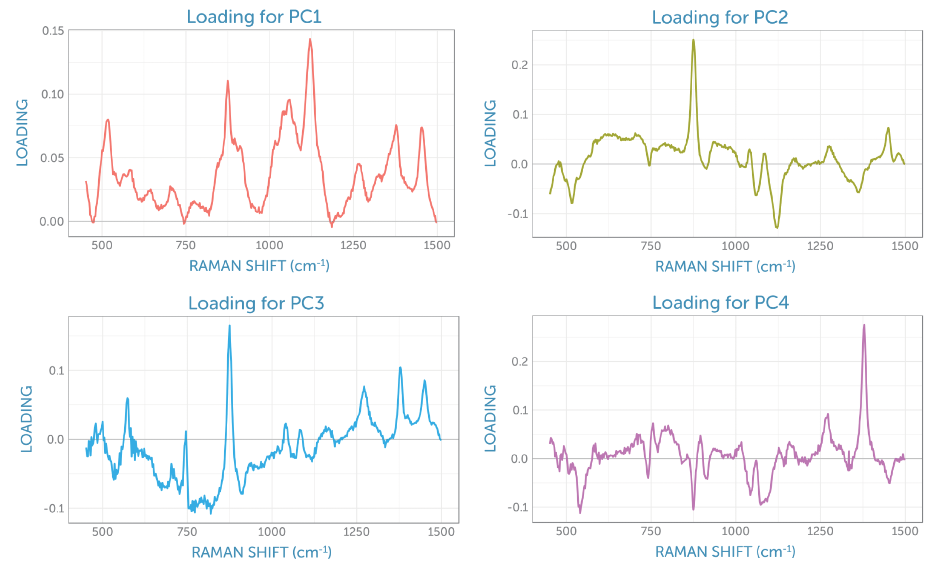 Component loadings from the non-centered PCA of the baseline-corrected Raman spectra recorded during the fermentation