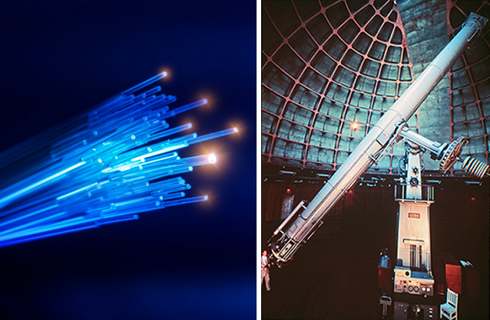 Optics applications include telecommunication fiber optics cables (left), and the 36-inch refracting telescope of Lick Observatory in Mt. Hamilton, California (right).