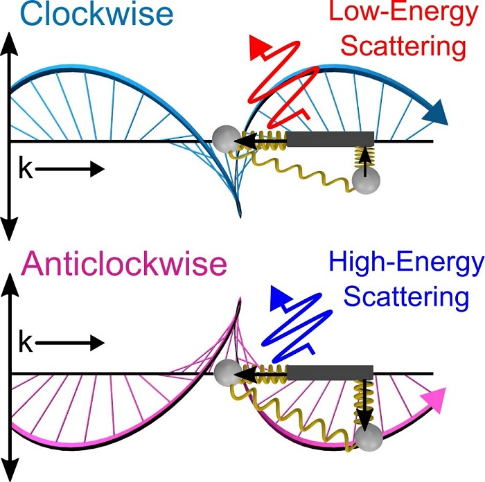 "A model by Rice University scientists shows how two positively charged spheres attached to springs are attracted to the electric field of light. Due to the motion of the spheres, the spring system scatters light at different energies when irradiated with clockwise and anticlockwise trochoidal waves.”