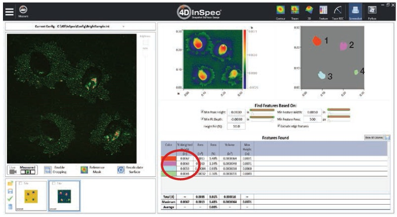 Replica measurement showing bright-field image of pits (left picture), false-color height map from measurement (center picture) and automatic defect finding and analysis (upper right picture and table below).