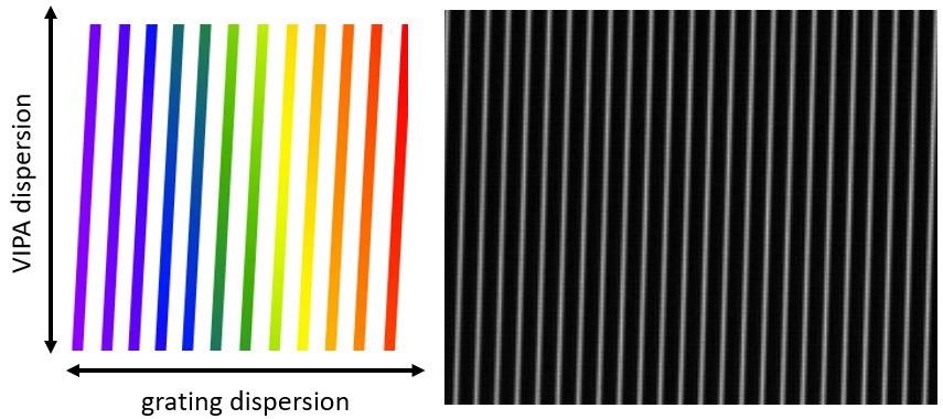 Schematic of the display expected at the CMOS camera when the crossed VIPA and grating are illuminated with broadband (“white”) light. In the vertical direction, the VIPA provides high resolution, but only for a range of one FSR. In the horizontal direction, the grating separates the overlapping orders to allow the entire high-resolution spectrum to be “unwrapped”. Thus, the vertical stripes are spaced by one FSR in the horizontal direction. In the chart, red represents longer wavelengths; blue shorter wavelengths. A typical screen shot from the camera is shown on the right. Only a small portion of the full CMOS sensor is shown, covering 23 FSRs of the VIPA horizontally, and 0.5 FSR vertically.