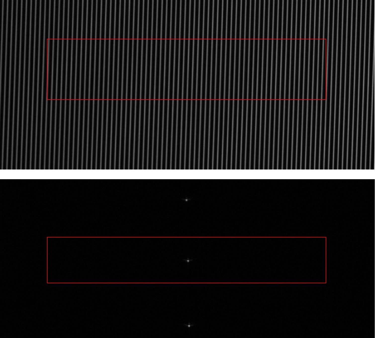 Typical CMOS sensor display when the HyperFine spectrometer is illuminated with broadband light (upper), and a narrow-line-width monochromatic laser (lower). The full spectrum can be extracted by “unwrapping” the information in the regions marked with a box.