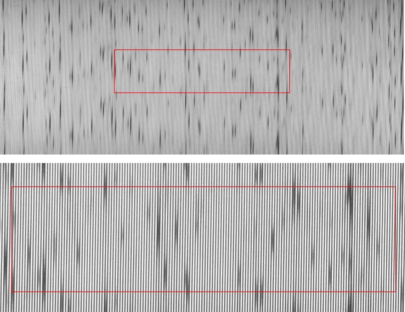 CMOS sensor images of sunlight taken with a HyperFine spectrometer. (The upper image covers the region from 527 to 547 nm, while the lower image covers a smaller spectral region from 532 541 nm). Multiple dark regions – each of which represents a Fraunhofer absorption line – interrupt the white light background of the sunlight. The red box in each image indicates one VIPA FSR in the vertical direction. The images were overexposed (i.e. highly saturated) for increased visibility.