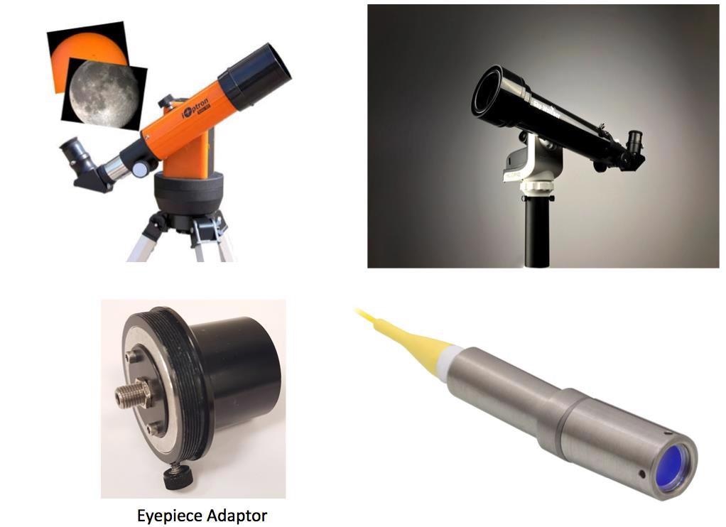 The upper part of this Figure shows two solar telescopes that automatically track the Sun across the sky. Either one can be purchased for ~$500 [6,7]. The lower part of the Figure shows an eyepiece adaptor to couple light from the telescope into a fiber, and a commercial fiber collimator [5] that can be mounted on a tripod for manual tracking of the Sun.