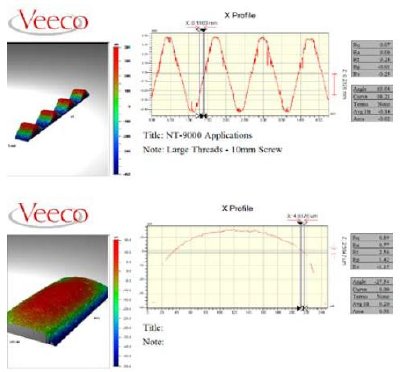 Top: Measurements of a 10mm pitch screw showing slopes of more than 63 degrees can be measured even with a 20X magnification objective. Bottom: Measurement of a machined cylinder using 5X objective with over 1mm2 field of view; near continuous data up to about 30 degrees and sporadic data up to 50 degrees slope.