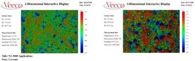 Rough surface metrology of ceramic (top) and polishing pad (bottom), with fields of view of 0.42mm x 0.56mm.