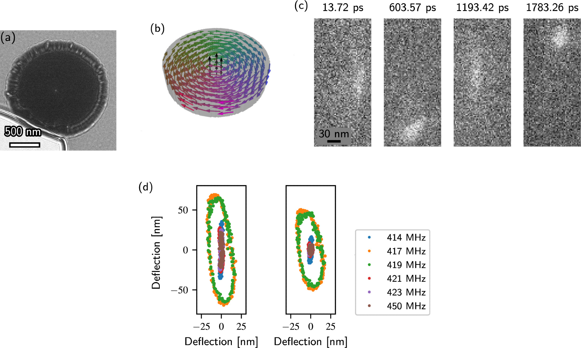Magnetic vortex core gyration. (a) Fresnel defocus image of a permalloy disk recorded in Lorentz mode at a defocus of 1 mm recorded with a K2 detector. The bright spot in the center indicates the position of the vortex core. The bright region at the lower-left edge is a cut in the supporting membrane. (b) Schematic image of a magnetic vortex state with clockwise rotation and a core pointing upwards. (c) Snapshots of magnetic vortex core motion recorded at different time steps over 13 ps during excitation at 417 MHz in an 18 mT static out-of-plane applied magnetic field. The images reveal the clockwise motion of the magnetic vortex core. They have been binned by a factor of 4 in the x and y directions for better visibility. (d) Dependence of position of magnetic vortex core in each frame on applied frequency, showing measurements before (left) and after (right) correction by subtraction of the image shift due to the electron beam - microwave interaction. The resonant frequency of the magnetic vortex core is characterized by an increase in the amplitude of the gyration at 417 and 419 MHz. The x and y axes have the same scaling.
