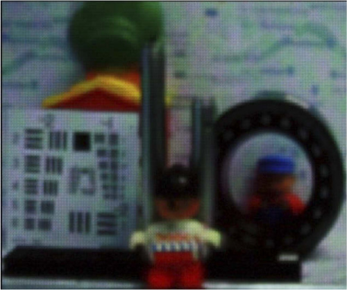 Displayed 3D image as seen by a monocular observer (a photography camera in our experiment) placed in front of the lightfield monitor. In Visualization 1 we can observe the parallax of such an image.