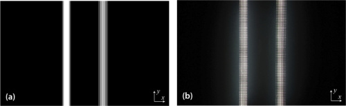 (a) Same lightfield image as in Figure 7, but with artificial blur added to the reference rod; (b) Display through the pinhole array.