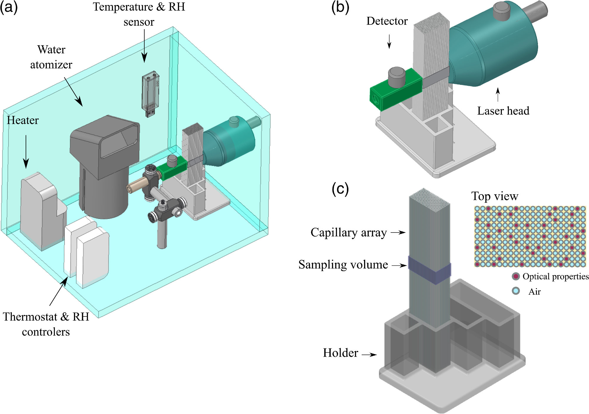 (a) Diagram of the experimental setup designed to study the variations in GASMAS signal for different gas volumes in the lung tissue phantom. (b) Zoom in of source and detector placement in transmittance geometry. (c) The capillary array placed in the 3D printed holder, the sampling volume was defined by the size of light source and detector and the length of the capillary array.