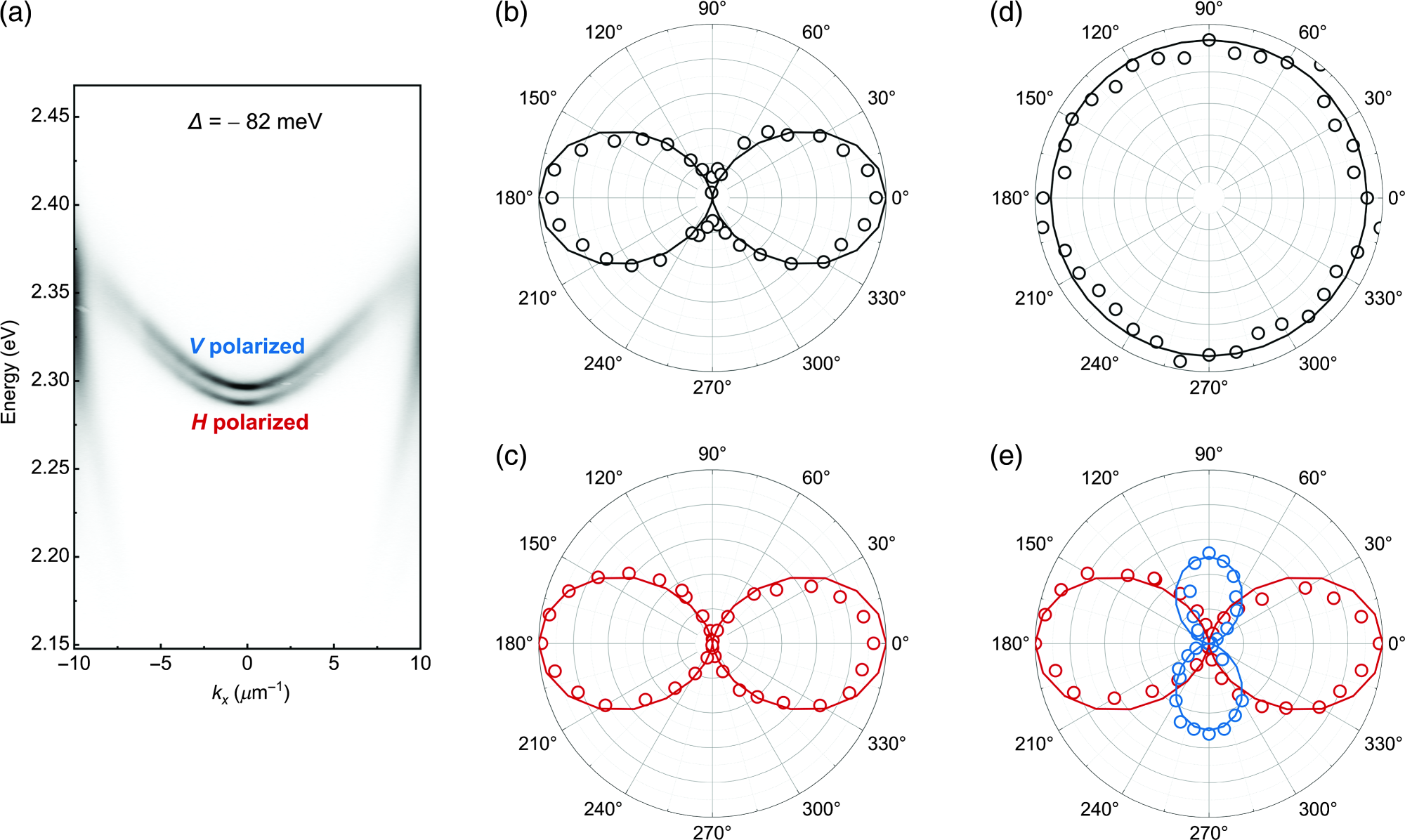 Polarization dependence of the polariton parametric oscillator. (a) Angle-resolved photoluminescence spectrum of CsPbBr3 microcavity along V polarization and H polarization under CW excitation. (b) Polar plot of the H polarized pump excited at Ep = 2.326 eV (533 nm), centered kx = 6.8 µm-1 (black circle dots), and fitting function (black solid line) facos2 ?. (c) Under excitation of (b), polar plot of the measured polarization emission of the signal state at EsH = 2.287 eV, kx = 0 µm-1 (red circle dots) and fitting function (red solid line) facos2 ?. (d) Polar plot of the left circularly polarized pump excited at Ep = 2.326 eV (533 nm), centered kx = 6.8 µm-1 (black circle dots), as well as a fitting constant function (continuous line). (e) Under excitation of (d), polar plot of the measured polarization emission of the signal state at EsH = 2.287 eV, kx = 0 µm-1 (red circle dots), and fitting function (red solid line) facos2 ?; at EsV = 2.296 eV, kx = 0 µm-1 (blue circle dots), and fitting function (blue solid line) facos2 (? + 90 deg).