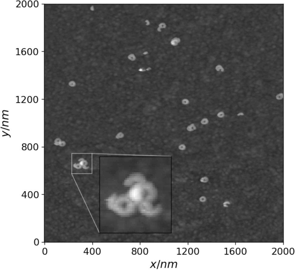 Example of an AFM image fragment with an instance of defect cluster zoomed in.