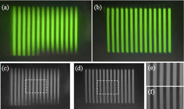 Images from a study of effects of incident angles on the waveguide surface. (a) and (b) are 65° and 75°, respectively. Grayscale images (c) and (d) correspond to images (a) and (b). MTF calculations are made in areas (e) and (f).