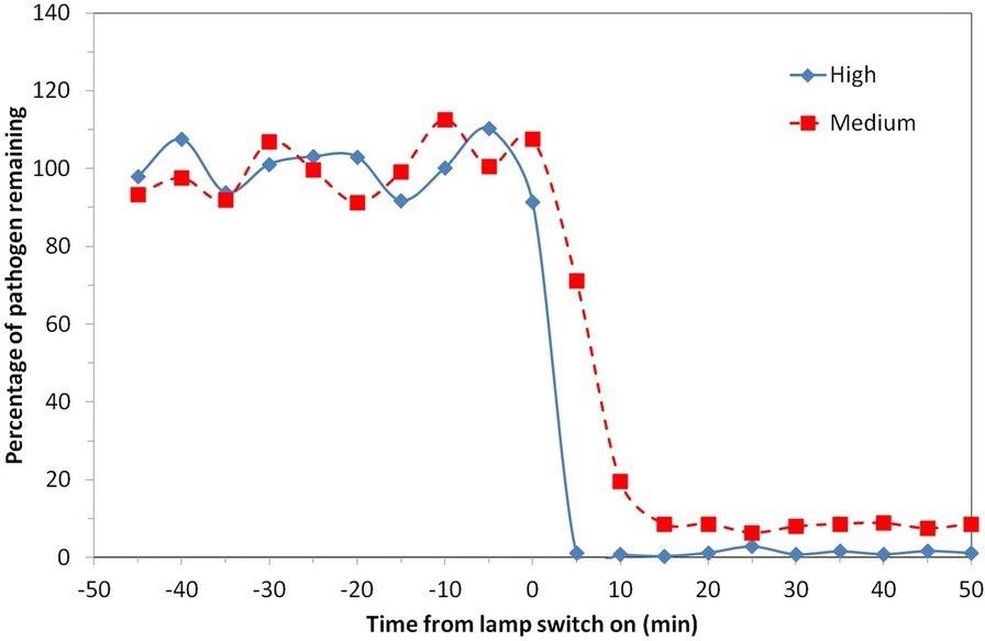 Percentage of viable airborne S. aureus remaining plotted on a linear y-axis for two of the exposure scenarios motivated by ICNIRP guideline exposure limits (5 lamps “Medium”) and ACGIH Threshold Limit Values (5 lamps “High”). Note that the pathogen was continuously released into the room throughout the experiment with a mechanical ventilation rate of 3 air changes per hour.