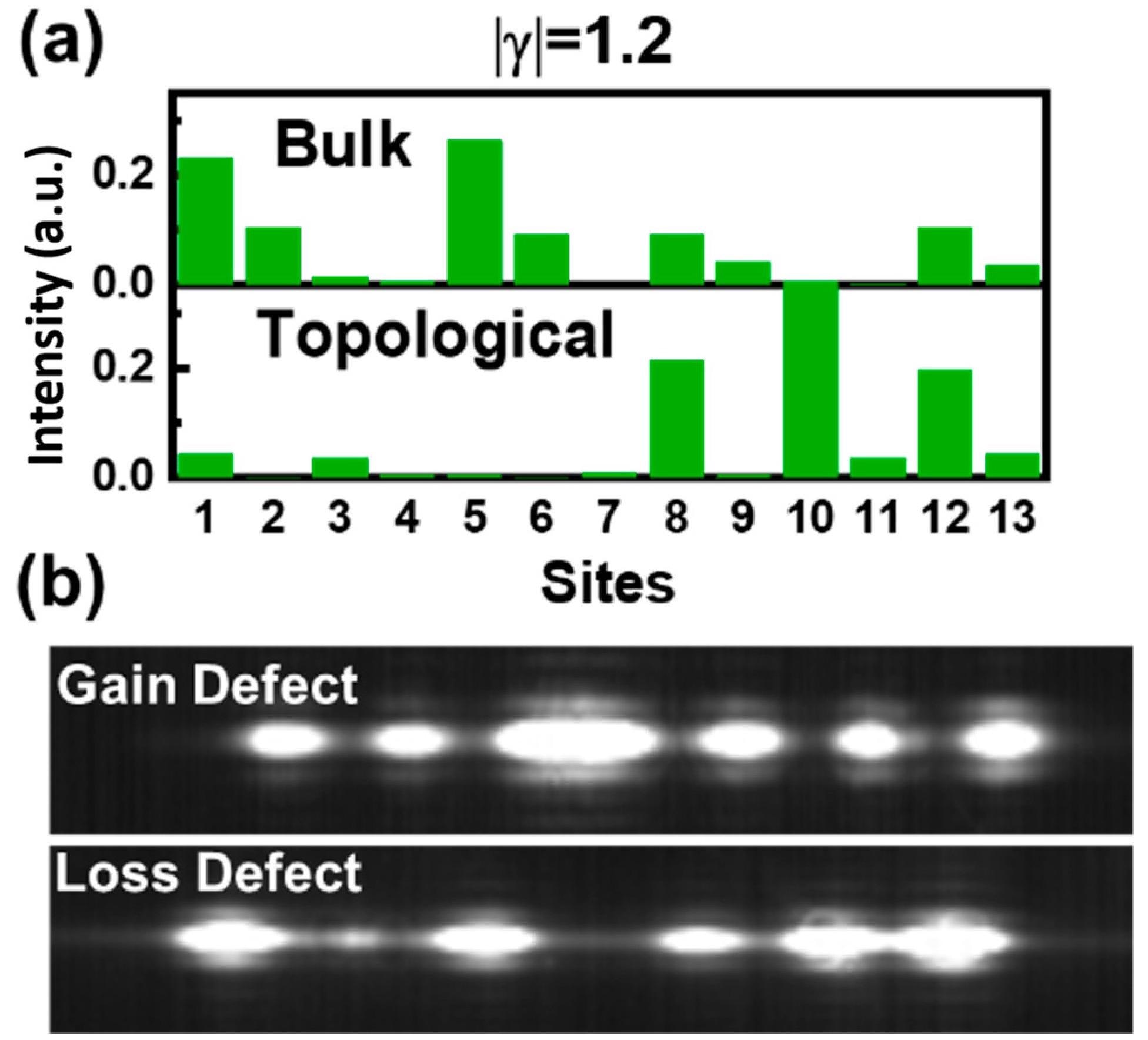 (a) The optical field intensity distribution of bulk mode and topological mode in configuration with lossy defect, where normalized lossy value was given as |?| = g/C1 = 1.2; (b) near-field characteristics of the gain and lossy defected topological lasers.