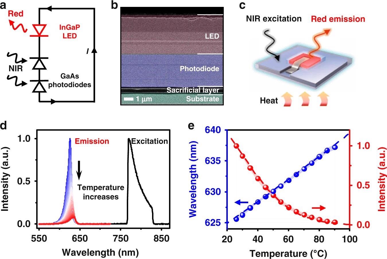 An optoelectronic upconversion device with temperature dependent light emission. a Circuit diagram and (b) Scanning electron microscopic (SEM) image of the optoelectronic upconversion design, including an InGaP red LED and a GaAs double junction photodiode with serial connection. c Schematic diagram of the upconversion device for temperature sensing. d Spectra of the excitation and the upconverted photoluminescence (PL) emission at varied temperatures (25–90?°C). e Calculated (dash line) and measured (dots) peak wavelength and PL intensity of the upconverted red emission as a function of temperature, and the shaded range represents the standard deviation measured among 10 samples.