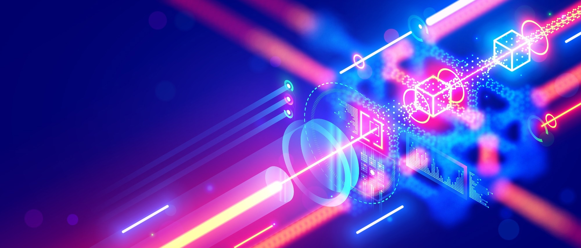 Abstract representation of quantum communication and optical systems with vibrant neon-colored elements, including light beams, quantum cubes, and circuit-like patterns.