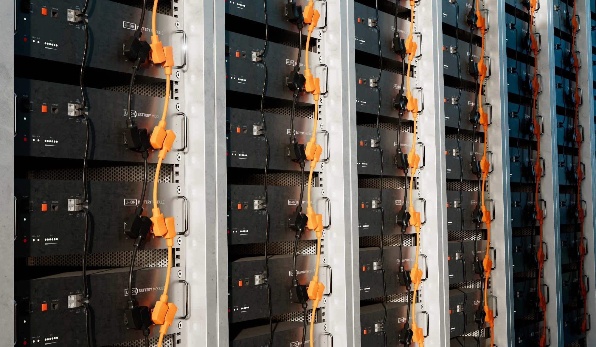 Image of a battery energy storage system consisting of several lithium battery modules placed side by side. This system is used to store renewable energy and then use it when needed.