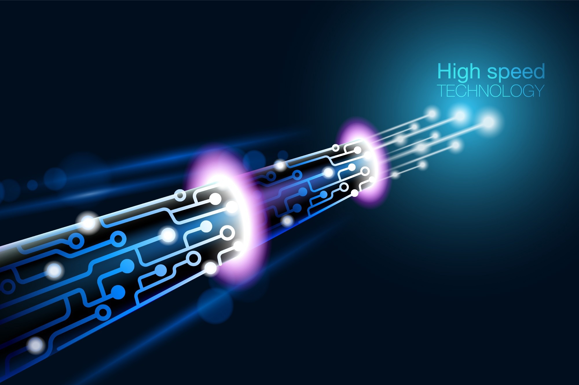 The image shows a visual representation of high-speed technology, featuring a glowing, stylized circuit pattern traveling along a path, with light particles emanating from the end, symbolizing advanced electronic or optical computing processes. The background is dark with a blue gradient, and the words "high speed TECHNOLOGY" are visible in the top-right corner.