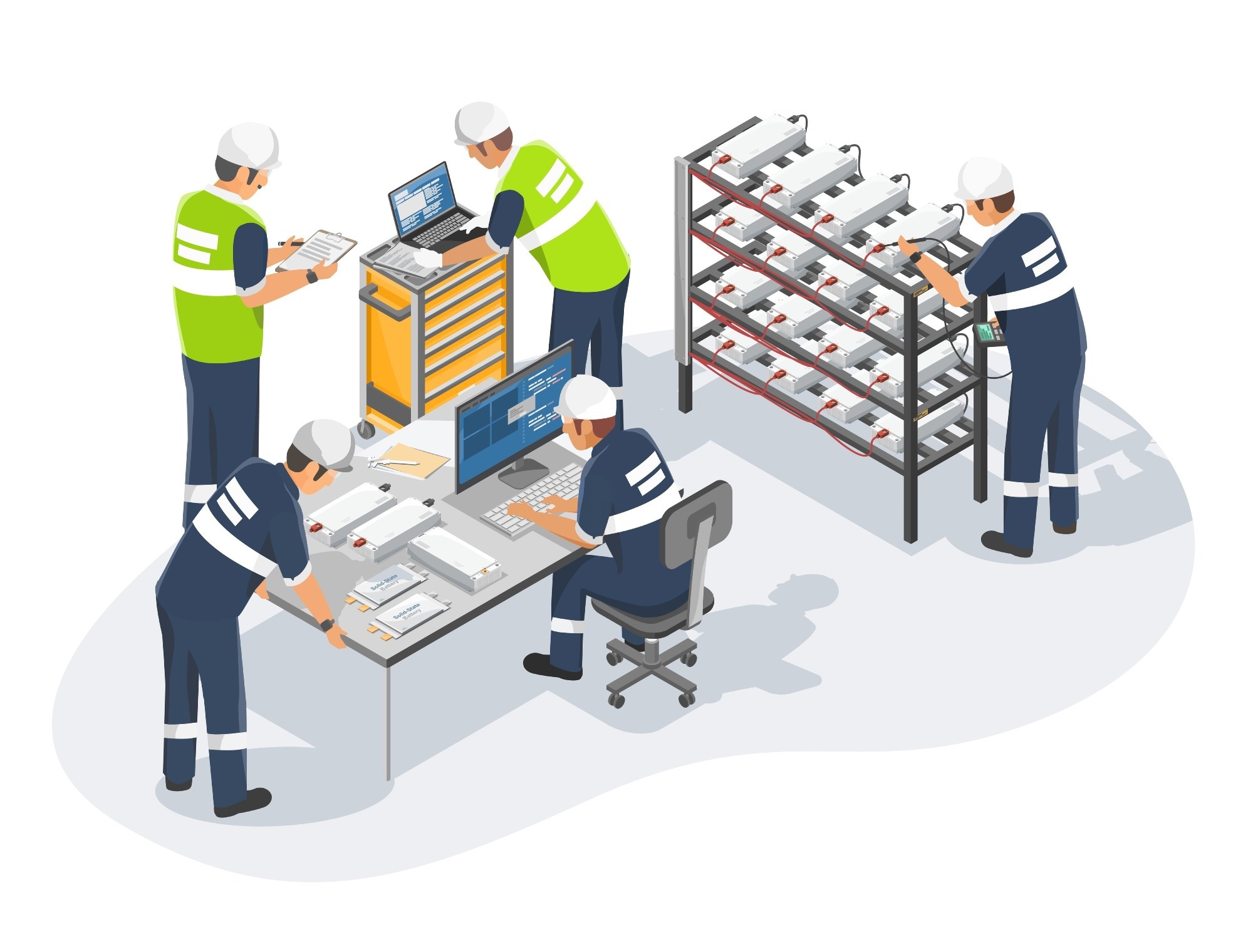Workers in a battery testing or manufacturing facility, engaged in various tasks such as monitoring systems and assembling components, indicative of a high-tech, industrial setting.